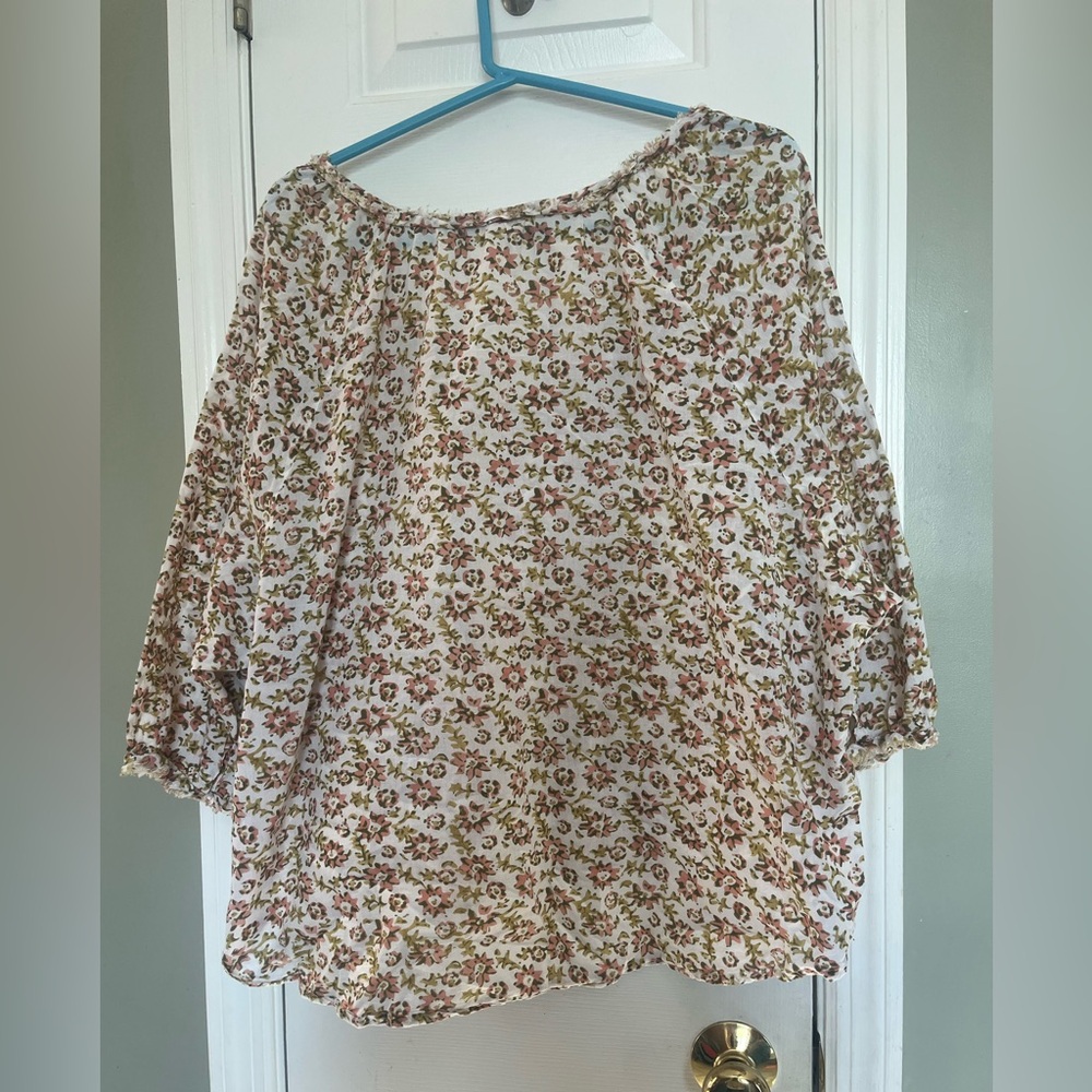 Voloshin Boho Floral 100% Cotton Tassel Peasant Poplin Blouse Top Size L b1 - Picture 5 of 6